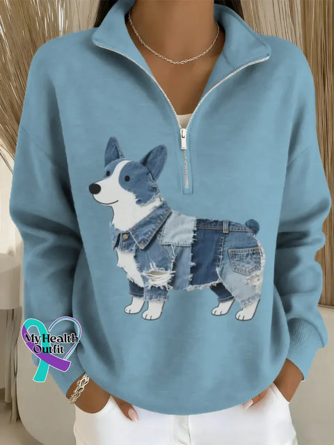 Women’s Funny Dog Art Casual Long Sleeve Zip Sweatshirt LightBlue / S