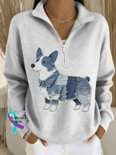 Women’s Funny Dog Art Casual Long Sleeve Zip Sweatshirt White / S