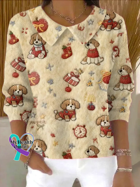 Women’s Funny Dogs Art Print Casual Cotton Sweater Multicolor / S