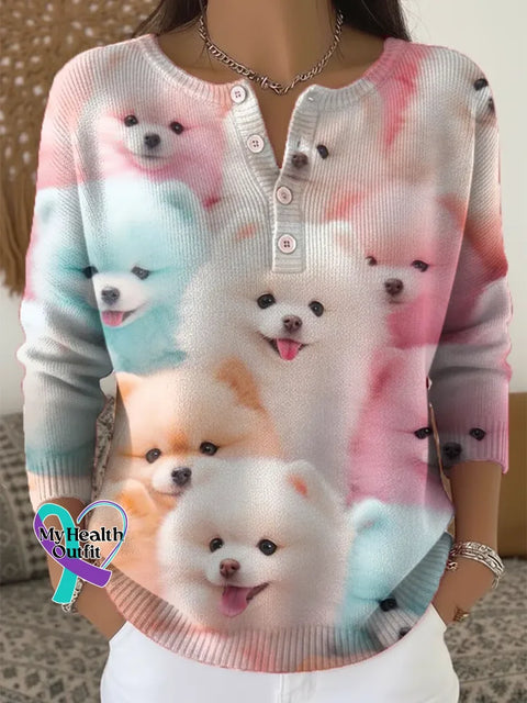 Women’s Funny Dogs Pattern Art Print Casual Cardigan Sweater Multicolor / S