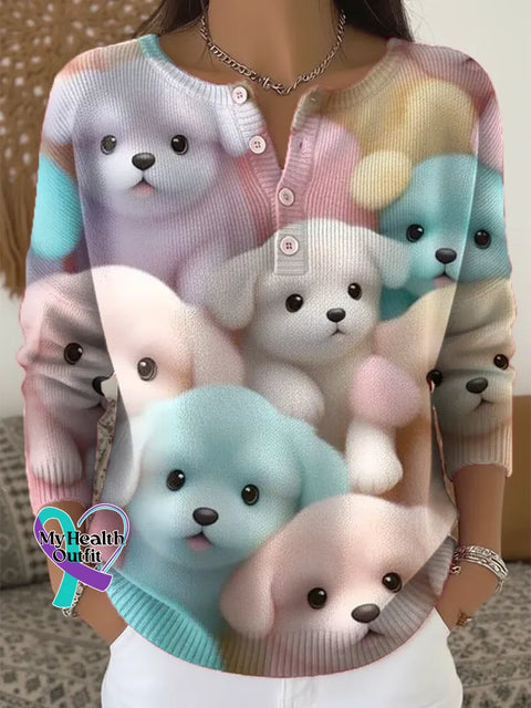 Women’s Funny Dogs Pattern Art Print Casual Cardigan Sweater Multicolor / S