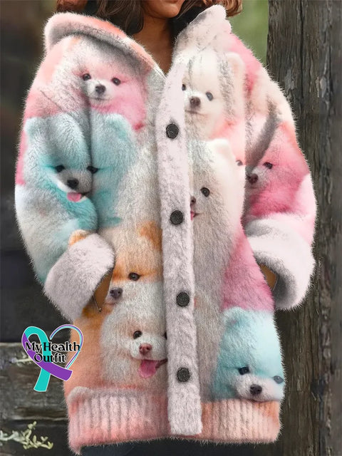 Women’s Funny Dogs Pattern Art Print Casual Fleece Coat Multicolor / S
