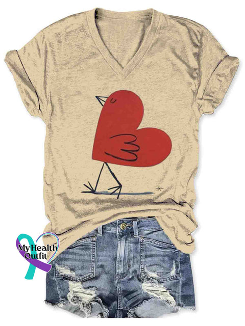 Women’s Funny Heart Chicken Art V-neck Casual T-Shirt Apricot / S
