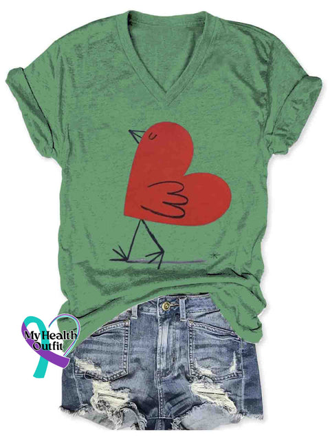 Women’s Funny Heart Chicken Art V-neck Casual T-Shirt Green / S
