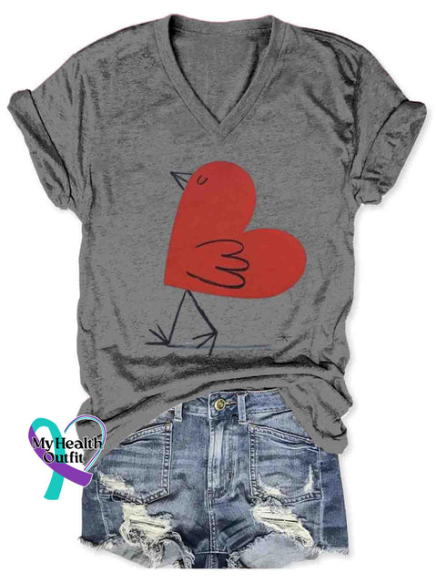 Women’s Funny Heart Chicken Art V-neck Casual T-Shirt Grey / S