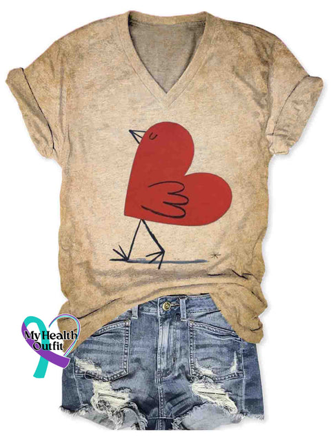 Women’s Funny Heart Chicken Art V-neck Casual T-Shirt Khaki / S