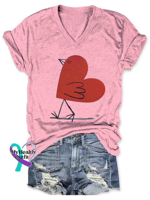 Women’s Funny Heart Chicken Art V-neck Casual T-Shirt Pink / S