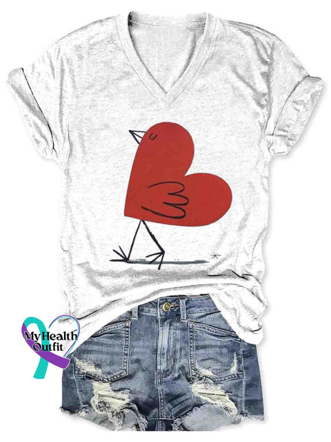 Women’s Funny Heart Chicken Art V-neck Casual T-Shirt White / S