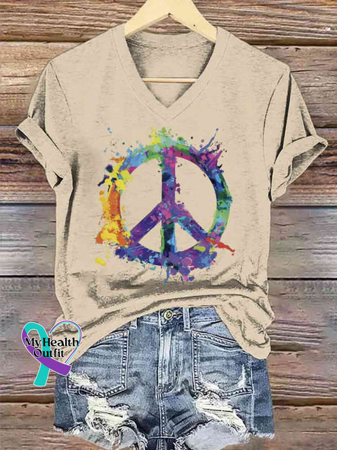 Women’s Funny Peace Sign Art V-neck Casual T-Shirt Apricot / S