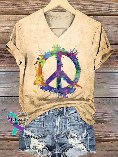 Women’s Funny Peace Sign Art V-neck Casual T-Shirt Khaki / S