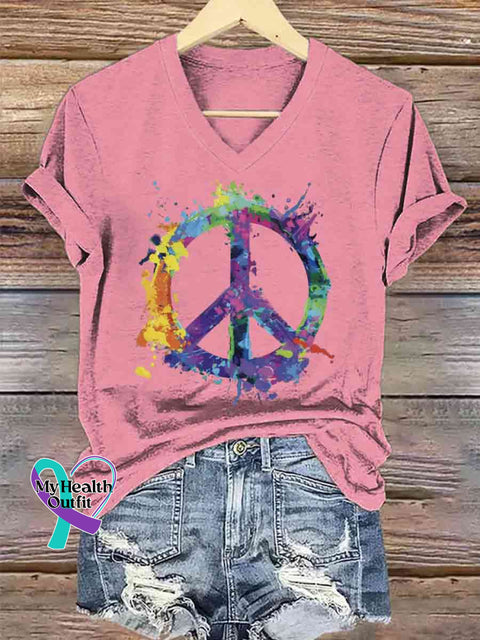 Women’s Funny Peace Sign Art V-neck Casual T-Shirt Pink / S