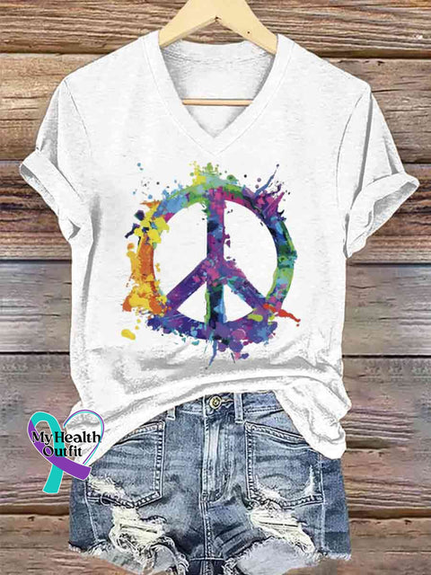Women’s Funny Peace Sign Art V-neck Casual T-Shirt White / S