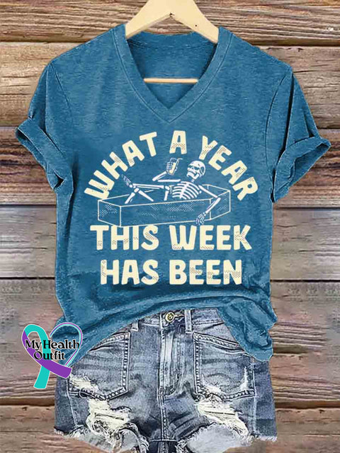 Women’s Funny Skull Art V neck Casual T Shirt Blue / S