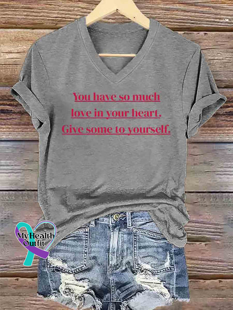Women’s Give Some Love To Yourself Art V neck Casual T Shirt Grey / S