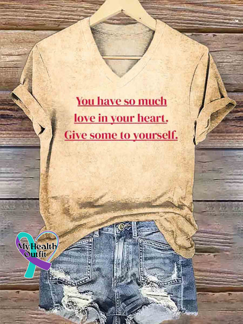 Women’s Give Some Love To Yourself Art V neck Casual T Shirt Khaki / S