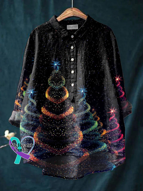 Women’s Glitter Christmas Art Print Casual Cotton And Linen Shirt Multicolor / S