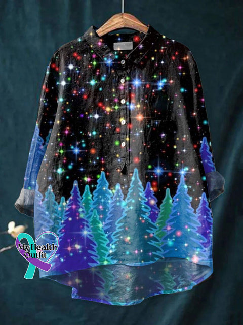 Women’s Glitter Christmas Art Print Casual Cotton And Linen Shirt Multicolor / S
