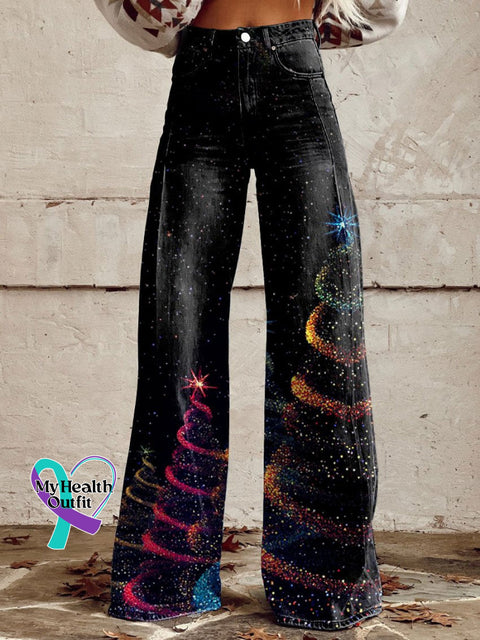 Women’s Glitter Christmas Art Print Casual Wide Leg Pants Multicolor / Xs