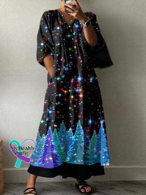Women’s Glitter Christmas Art Print Pocket V-Neck Cotton Dress Multicolor / S