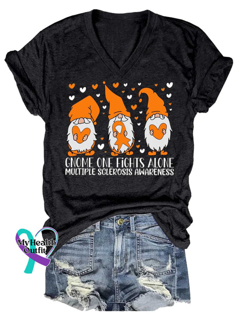 Women’s GNOME ONE FIGHTS ALONE Ms Awareness Multiple Sclerosis Warrior Multiple Sclerosis Orange Ribbon V-neck Casual