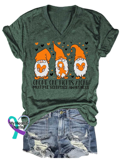 Women’s GNOME ONE FIGHTS ALONE Ms Awareness Multiple Sclerosis Warrior Multiple Sclerosis Orange Ribbon V-neck Casual