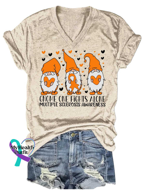 Women’s GNOME ONE FIGHTS ALONE Ms Awareness Multiple Sclerosis Warrior Multiple Sclerosis Orange Ribbon V-neck Casual
