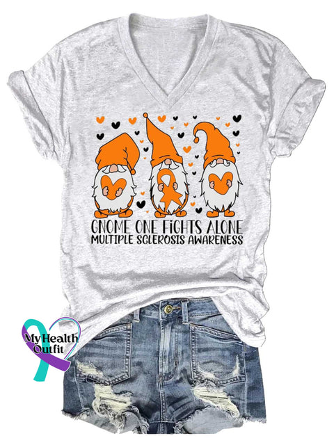 Women’s GNOME ONE FIGHTS ALONE Ms Awareness Multiple Sclerosis Warrior Multiple Sclerosis Orange Ribbon V-neck Casual