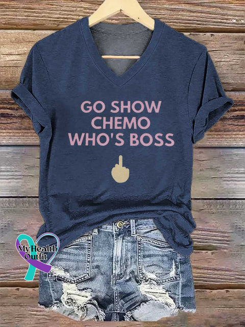 Women’s GO SHOW CHEMO WHO’S BOSS V-neck Casual T-Shirt Blue / S