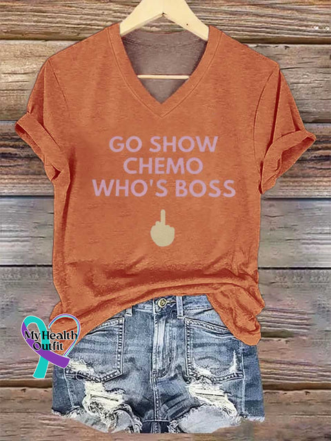 Women’s GO SHOW CHEMO WHO’S BOSS V-neck Casual T-Shirt Orange / S