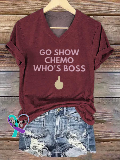 Women’s GO SHOW CHEMO WHO’S BOSS V-neck Casual T-Shirt Red / S