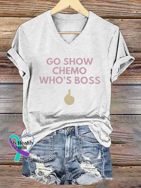 Women’s GO SHOW CHEMO WHO’S BOSS V-neck Casual T-Shirt White / S