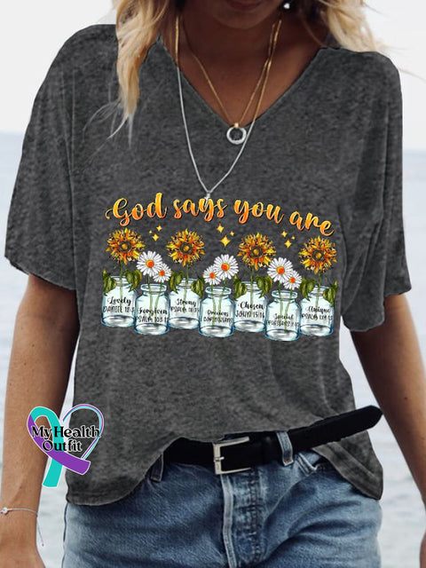 Women’s God Says You Are Unique Print Casual V-Neck Tee Dark Grey / S