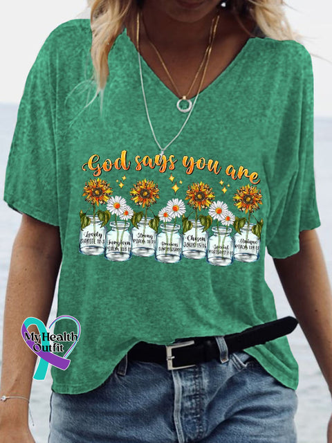 Women’s God Says You Are Unique Print Casual V-Neck Tee Green / S