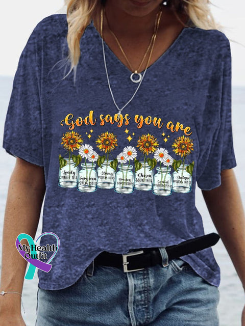 Women’s God Says You Are Unique Print Casual V-Neck Tee Navy / S