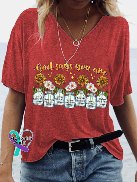 Women’s God Says You Are Unique Print Casual V-Neck Tee Red / S