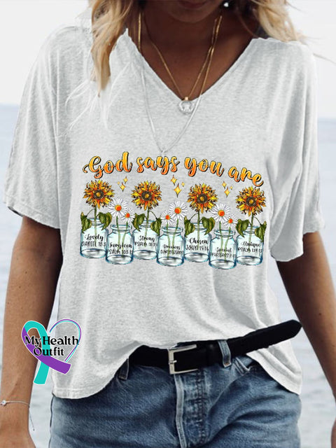 Women’s God Says You Are Unique Print Casual V-Neck Tee White / S
