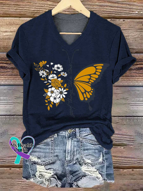 Women’s Good Things Take Time Floral Butterfly V-neck Casual T-Shirt Blue / S