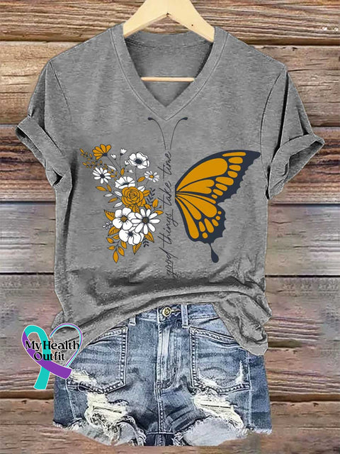 Women’s Good Things Take Time Floral Butterfly V-neck Casual T-Shirt Grey / S