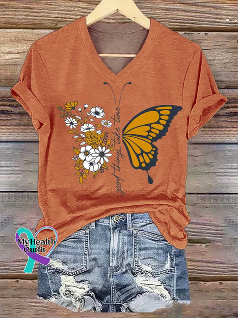 Women’s Good Things Take Time Floral Butterfly V-neck Casual T-Shirt Orange / S