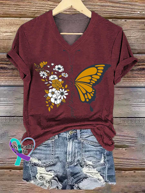 Women’s Good Things Take Time Floral Butterfly V-neck Casual T-Shirt Red / S