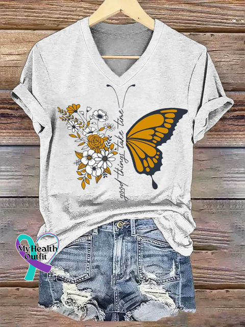Women’s Good Things Take Time Floral Butterfly V-neck Casual T-Shirt White / S
