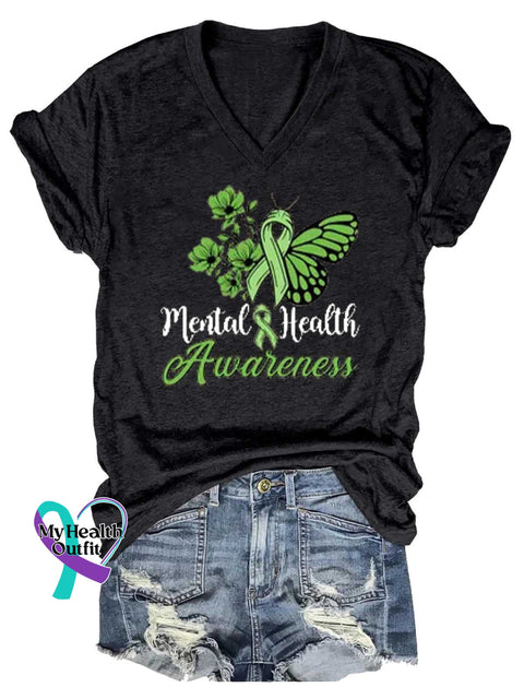 Women’s Green Ribbon Butterfly Mental Health Awareness V-neck Casual T-Shirt Black / S