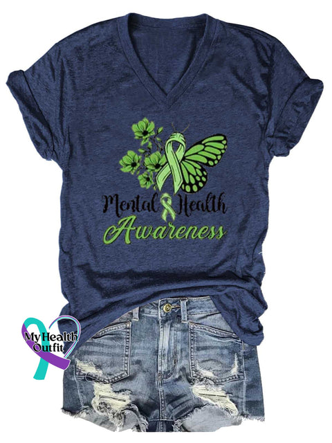 Women’s Green Ribbon Butterfly Mental Health Awareness V-neck Casual T-Shirt Blue / S