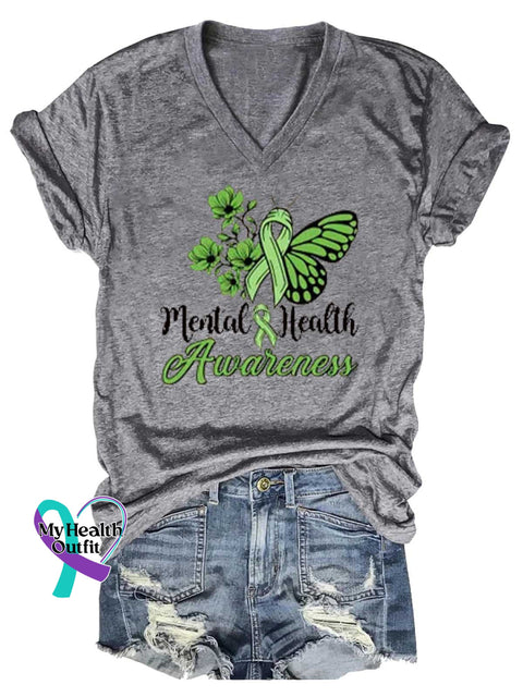 Women’s Green Ribbon Butterfly Mental Health Awareness V-neck Casual T-Shirt Grey / S