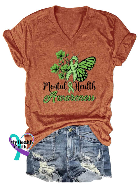 Women’s Green Ribbon Butterfly Mental Health Awareness V-neck Casual T-Shirt Orange / S
