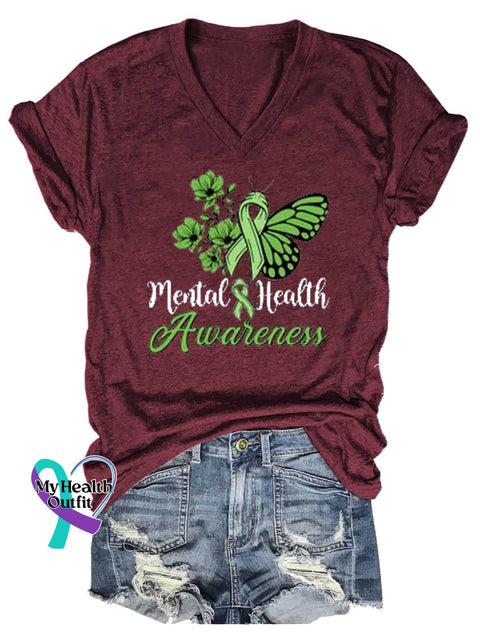 Women’s Green Ribbon Butterfly Mental Health Awareness V-neck Casual T-Shirt Red / S