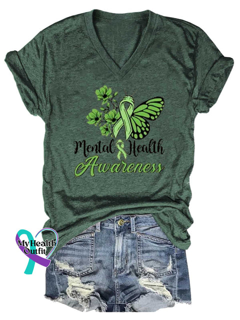Women’s Green Ribbon Butterfly Mental Health Awareness V-neck Casual T-Shirt Green / S