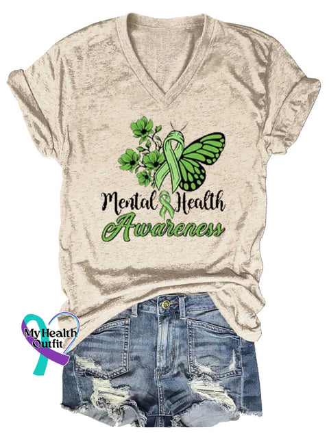 Women’s Green Ribbon Butterfly Mental Health Awareness V-neck Casual T-Shirt Sand / S