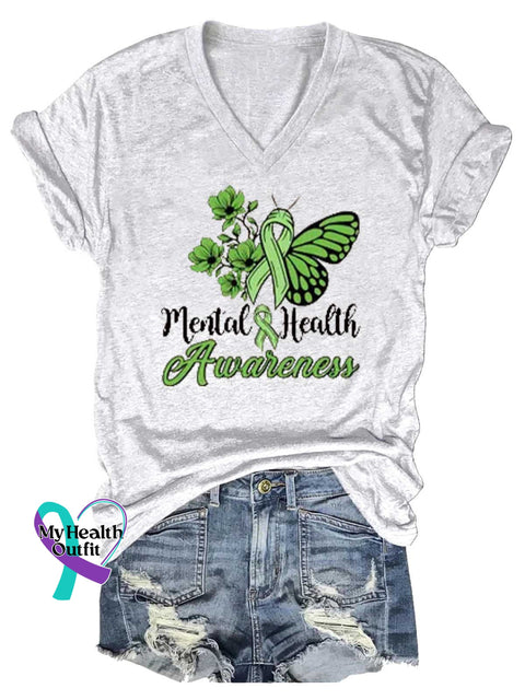 Women’s Green Ribbon Butterfly Mental Health Awareness V-neck Casual T-Shirt White / S