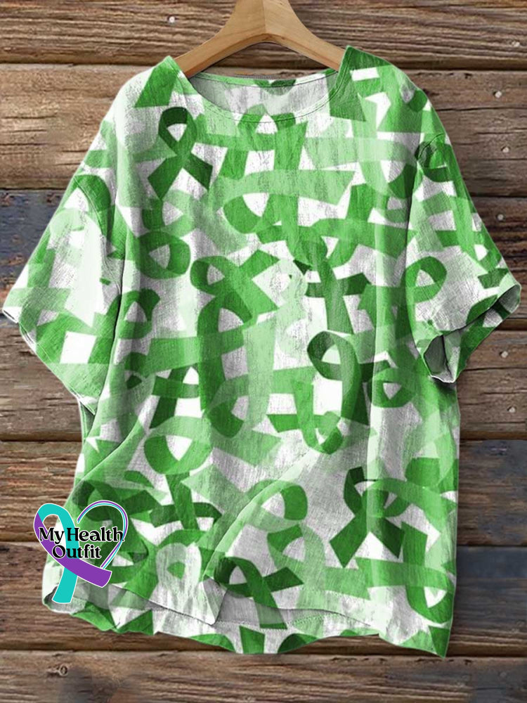Women’s Green Ribbon Mental Health Awareness Print Casual Linen Crew Neck Shirt Multicolor / S
